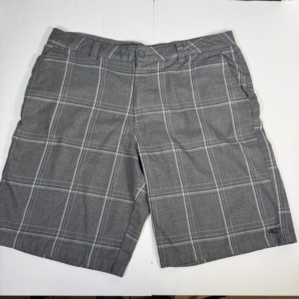 O'Neill Hybrid Walk Shorts Mens 38 Grey Plaid Flat Front Polyester Viscose Blend